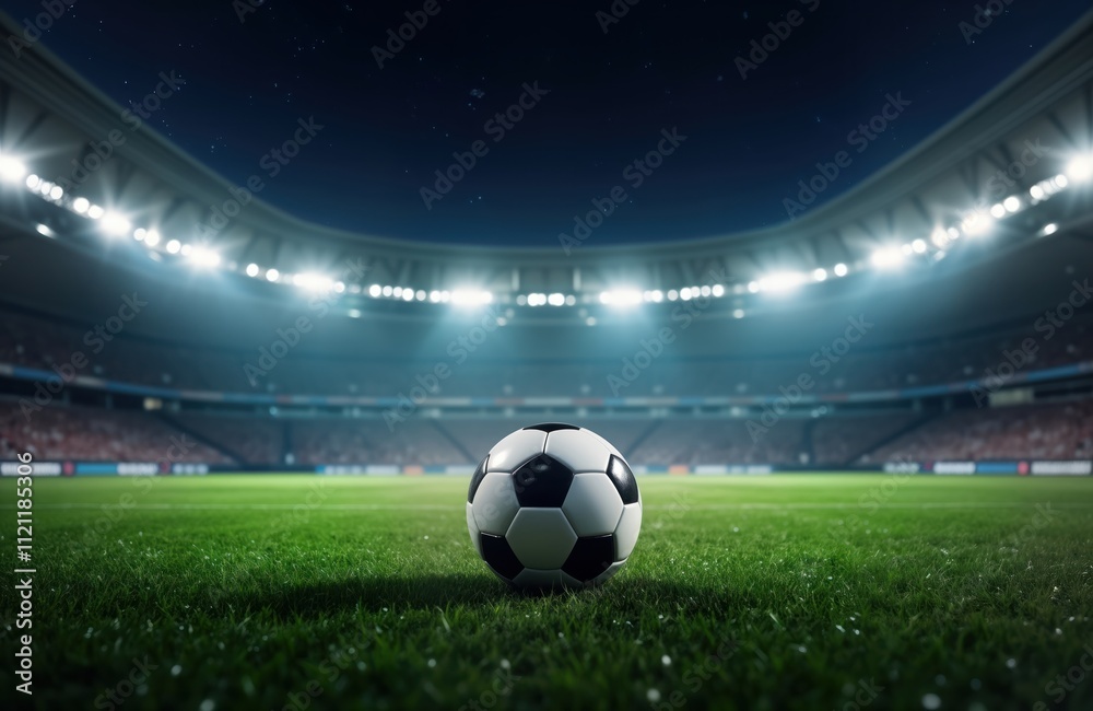 Fototapeta premium Soccer ball sits on stadium field at night. Illuminated arena with spectators. Exciting sporting event. Night game atmosphere. Team play anticipation. Soccer football competition. Focus on ball.
