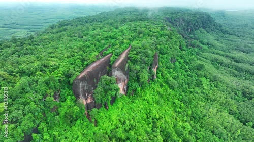 Aerial view of Hin Sam Wan which is covered with green trees
