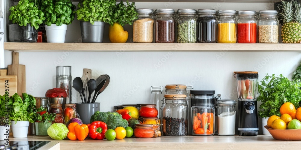 Organized Kitchen Pantry with Fresh Produce and Spices: A Healthy Cooking Setup Organized Kitchen Pantry with Fresh Produce and Spices: A Healthy Cooking Setup