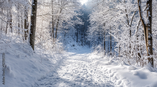 Winter landscape with snow-covered path and frosted trees in a forest setting