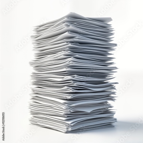 High stack of white documents isolated on white background. Documents piled up vertically. Image suggests large amount of paperwork. Related to office work business activities. Potential for themes