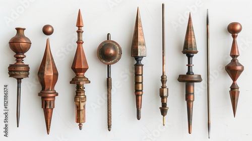A sturdy set of plumb bob and line, neatly arranged to highlight their function and design on a white background.
