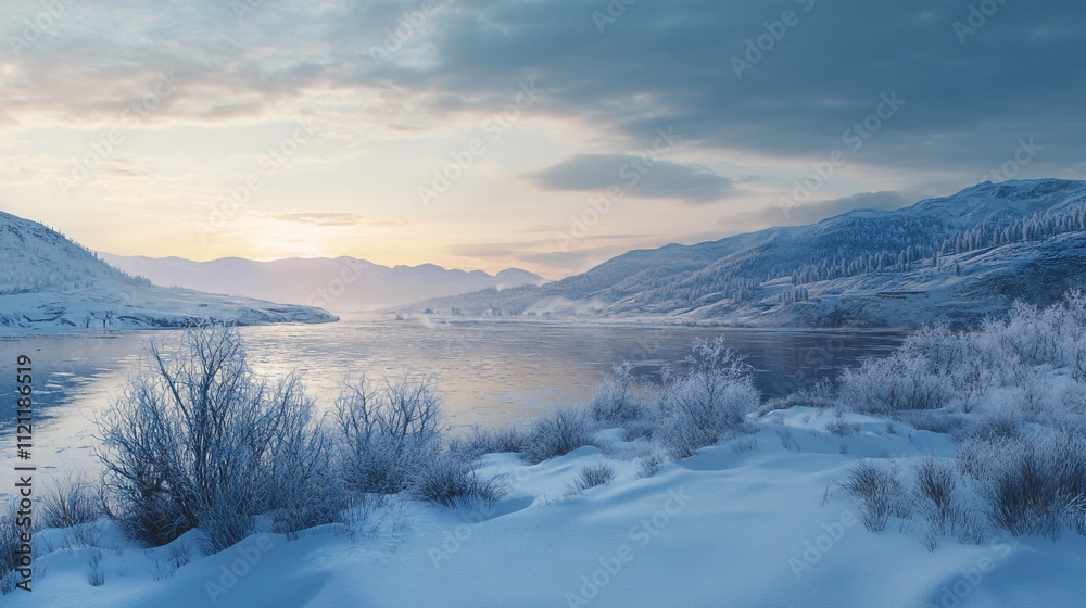 Fototapeta premium Winter landscape by a serene river with snow-covered mountains in the background during sunset