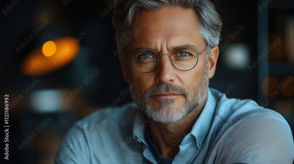 Portrait Of Mature Man With Glasses In A Warmly Lit Setting Portrait Of Mature Man With Glasses In A Warmly Lit Setting