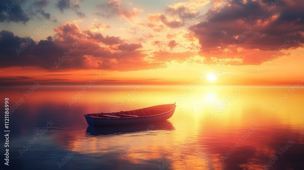 boat floating under a vivid sunset, with the warm light softly touching the water and illuminating the sky boat floating under a vivid sunset, with the warm light softly touching the water and illuminating the sky