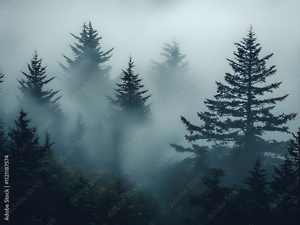 A misty forest landscape featuring tall trees shrouded in fog under a cloudy sky A misty forest landscape featuring tall trees shrouded in fog under a cloudy sky