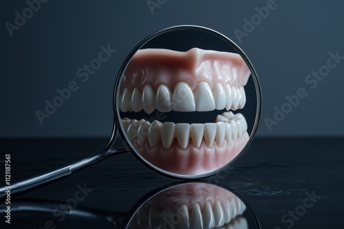 Dental mirror alongside zirconium dentures placed on a dark surface capturing ceramic veneers and lumineers photo