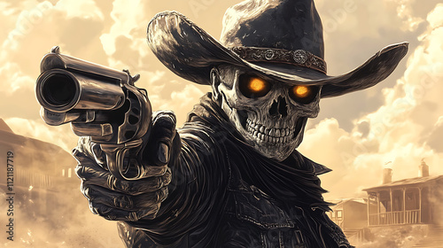 Skeleton cowboy aiming a revolver, illustration design.