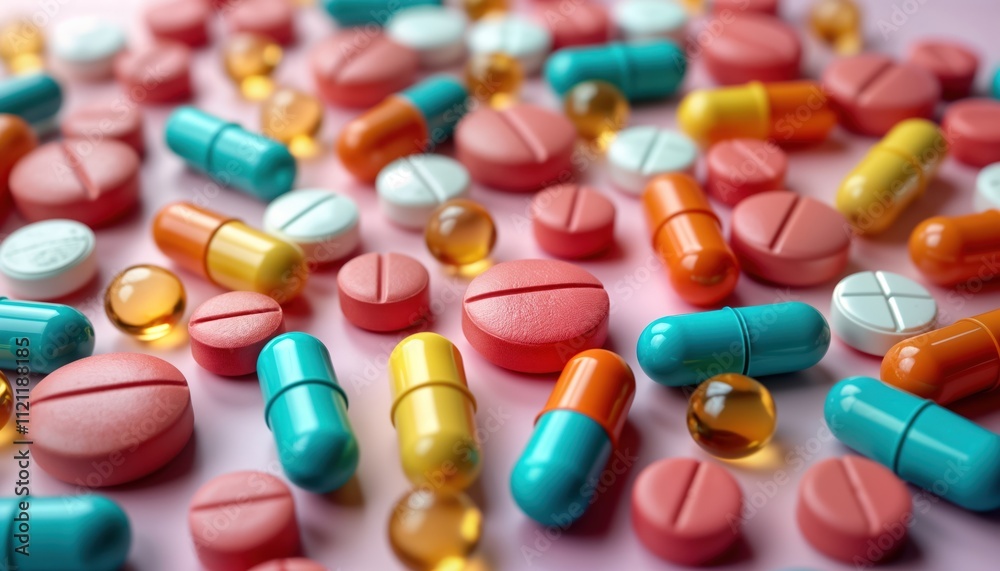 Colorful pills, capsules neatly arranged on soft pink background. Variety of shapes, colours show different medications. Modern medicine concepts illustrated. Healthcare illustration health care Colorful pills, capsules neatly arranged on soft pink background. Variety of shapes, colours show different medications. Modern medicine concepts illustrated. Healthcare illustration health care