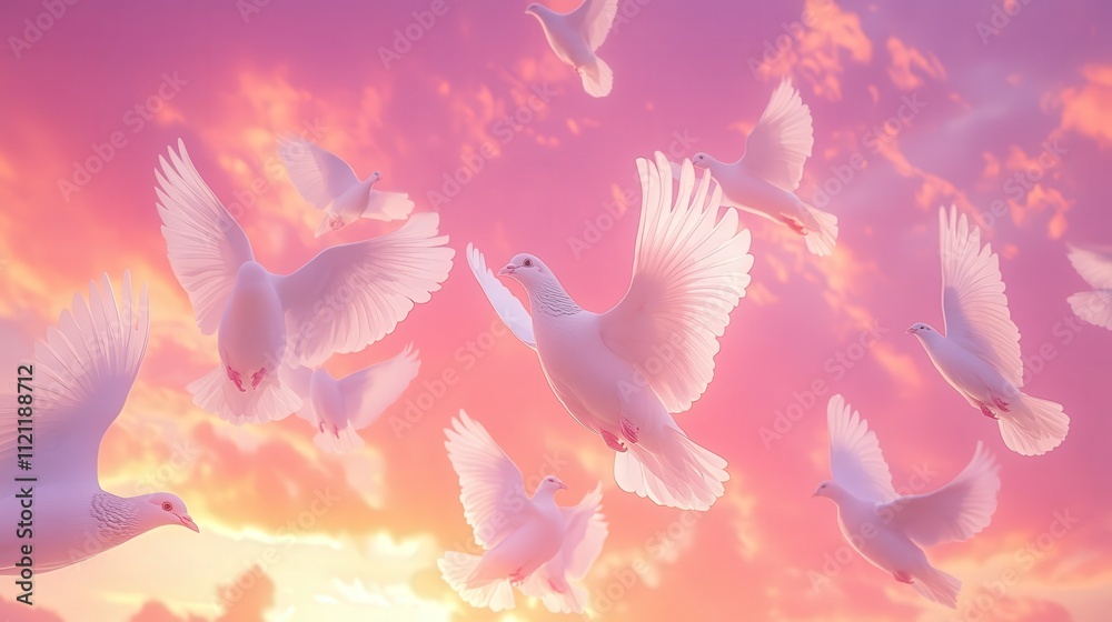 A flock of doves ascending together, their white feathers glowing against the vivid hues of a sunrise sky, A flock of doves ascending together, their white feathers glowing against the vivid hues of a sunrise sky,