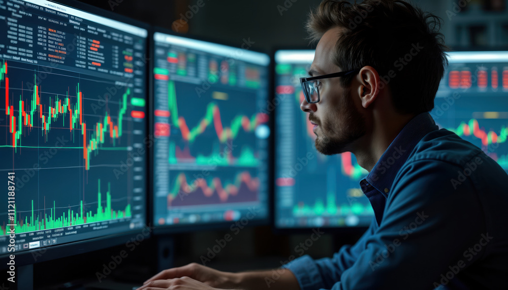 Man studies financial charts on computer screen. Analyzing market data. Focused on investment decision-making. Looking at multiple screens displaying stock market charts, graphs. Likely trader Man studies financial charts on computer screen. Analyzing market data. Focused on investment decision-making. Looking at multiple screens displaying stock market charts, graphs. Likely trader