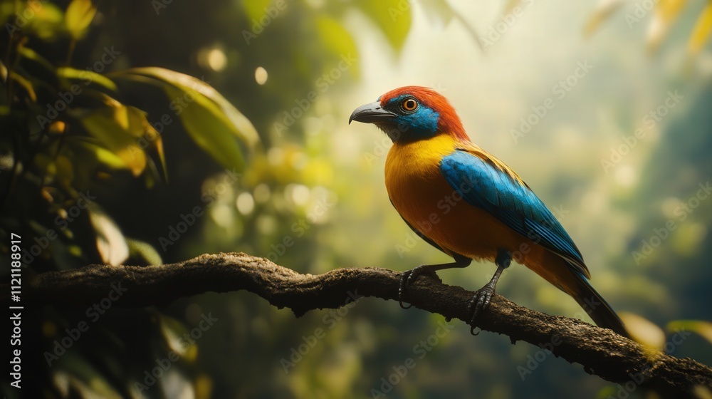 A brilliant bird with vivid feathers of blue, yellow, and orange perches on a high branch in the forest. A brilliant bird with vivid feathers of blue, yellow, and orange perches on a high branch in the forest.