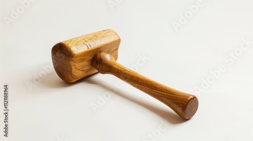 A traditional wooden mallet with a smooth finish, emphasizing its simple design on a white backdrop. photo