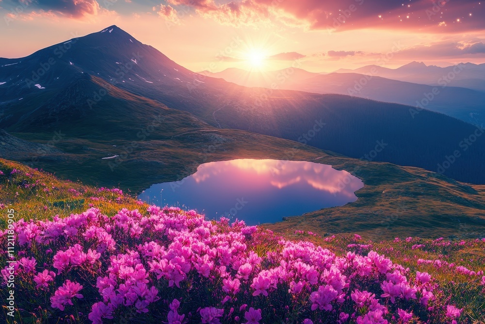 Mountain Lake Sunset with Pink Flowers and Starry Sky Mountain Lake Sunset with Pink Flowers and Starry Sky