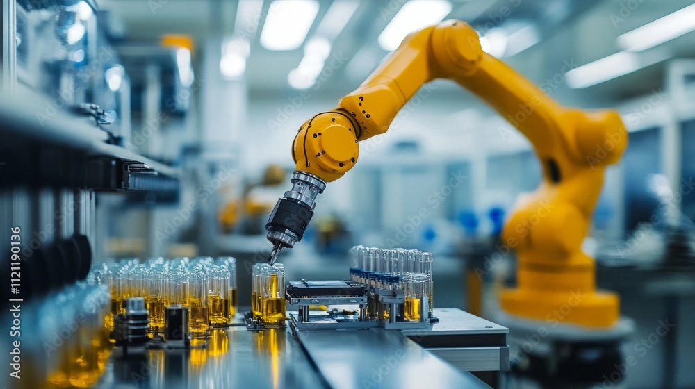 battery replacement maintenance. A robotic arm handling vials in a laboratory setting for automated processes. battery replacement maintenance. A robotic arm handling vials in a laboratory setting for automated processes.
