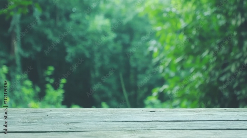 Serene Nature Background with Wooden Table and Lush Greenery Serene Nature Background with Wooden Table and Lush Greenery