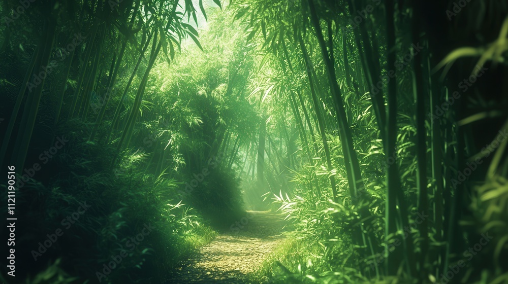 bamboo grove with a narrow winding path leading through the towering green stalks.