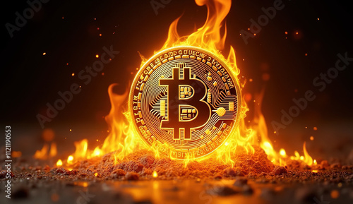 Bitcoin Symbol in Fiery Flames with Black Background