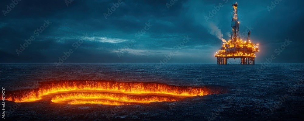 A glowing oil rig at sunset, casting vibrant reflections on the calm waters below, showcasing industrial beauty. A glowing oil rig at sunset, casting vibrant reflections on the calm waters below, showcasing industrial beauty.