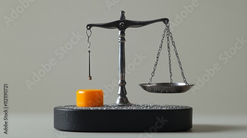 A balance scale with a small weight and a yellow object, symbolizing justice and measurement. photo