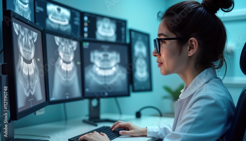 Female dentist intently examines dental x-ray images on multiple computer screens. Analyzes dental conditions, plans treatment for patient in clinic setting. Uses dental tech to diagnose, provide