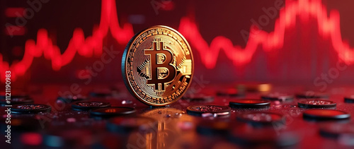 Cryptocurrency Bitcoin With Red Chart Background