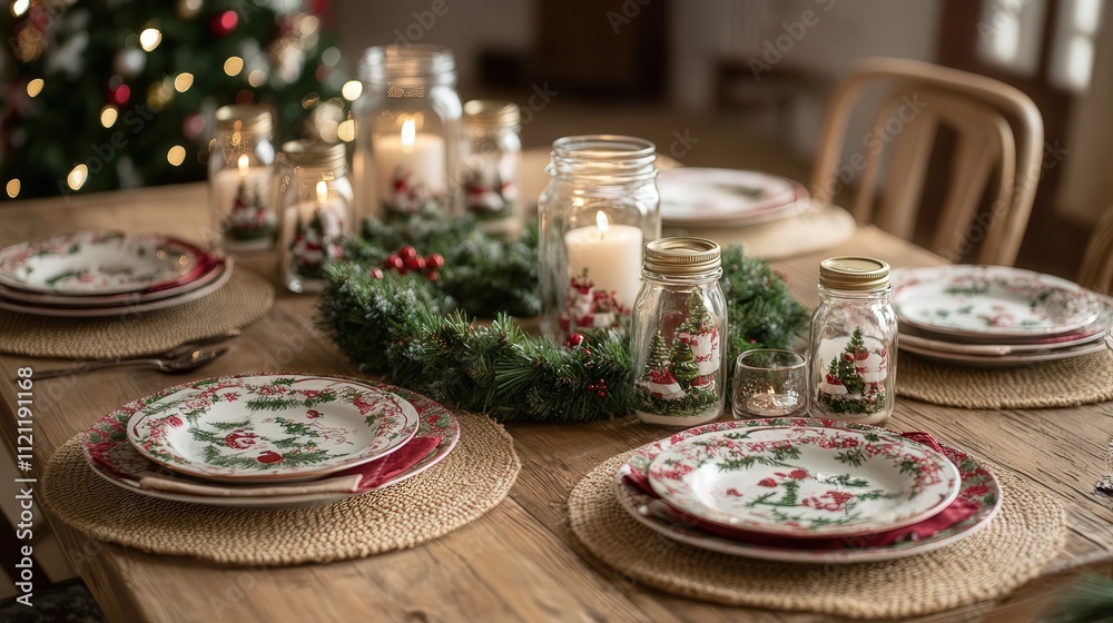 A rustic Christmas table featuring a wooden table, burlap placemats, and mason jar candles. A rustic Christmas table featuring a wooden table, burlap placemats, and mason jar candles.