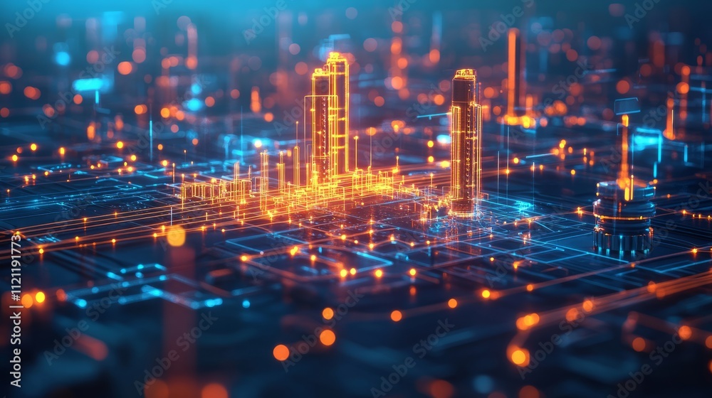 A futuristic cityscape with glowing buildings and interconnected circuits. A futuristic cityscape with glowing buildings and interconnected circuits.
