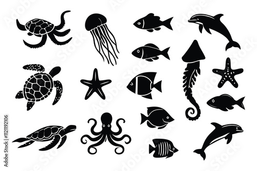 Set of marine animals black silhouette in cartoon style, cute sea animals isolated on white background, sea fish desing alements for poster, card, printing characters.