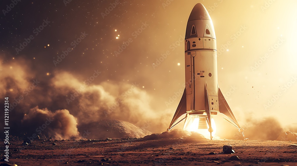 Naklejka premium A holographic image of a spacecraft landing on Mars