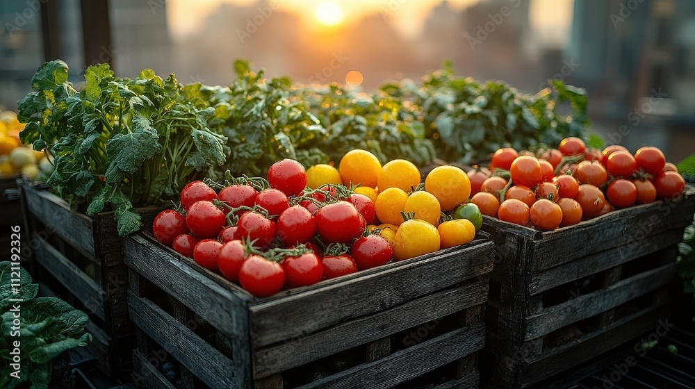 Freshly Harvested Vegetables in Rustic Crates Against a Beautiful Sunrise in Urban Farm Setting, Showcasing Natural Colors and Textures of Produce Freshly Harvested Vegetables in Rustic Crates Against a Beautiful Sunrise in Urban Farm Setting, Showcasing Natural Colors and Textures of Produce