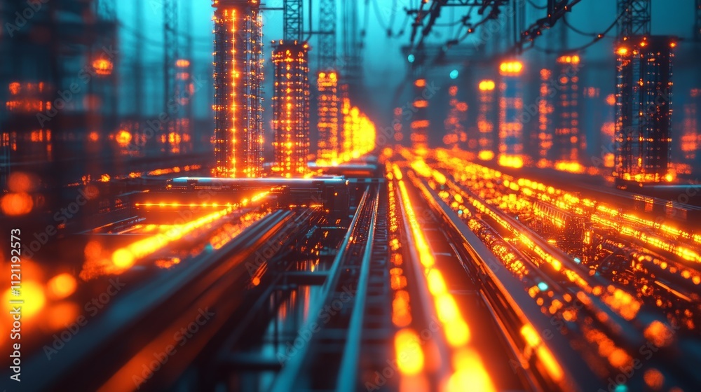 A futuristic scene with glowing orange lights and metallic structures, suggesting advanced technology. A futuristic scene with glowing orange lights and metallic structures, suggesting advanced technology.