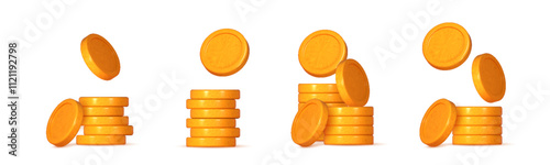 3D gold coin. Stacks of money representing finance, investment, and savings. Game elements include a pile of golden pennies. Treasure heap in a creative cartoon design.