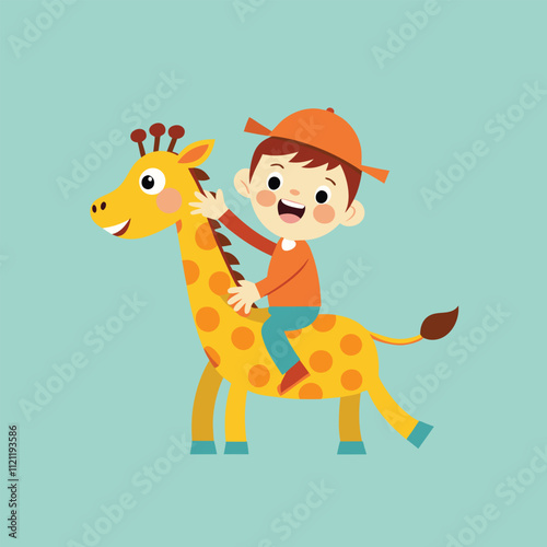 funny cartoon kid riding  giraffe