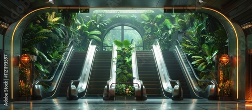 Striking image of a futuristic lush indoor tropical oasis with escalators and abundant greenery in a modern high end shopping mall or commercial space  The scene exudes a sense of luxury