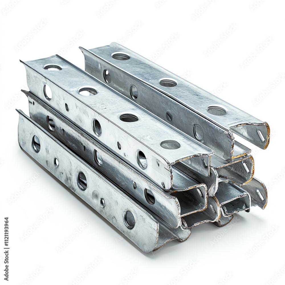 A stack of metallic strips with holes, commonly used in construction and manufacturing for structural support and assembly. A stack of metallic strips with holes, commonly used in construction and manufacturing for structural support and assembly.