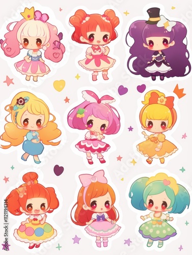 Cheerful Cartoon Girl Stickers: A Diverse Hair and Costume Collection