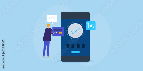 Customer verifying online payment with OTP authorisation, mobile app digital wallet credit card payment concept.