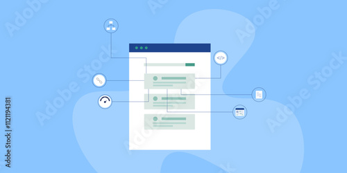 Search algorithm concept, website ranking factor on search engine, link building, content with keywords, page speed and coding vector illustration.