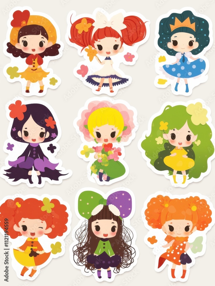 Cheerful Cartoon Girl Stickers: A Diverse Hair and Costume Collection Cheerful Cartoon Girl Stickers: A Diverse Hair and Costume Collection