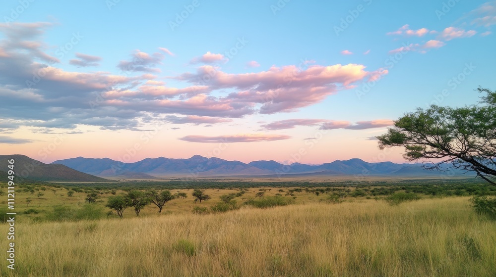 Serene Landscape with Rolling Hills and Colorful Sunset Clouds Serene Landscape with Rolling Hills and Colorful Sunset Clouds