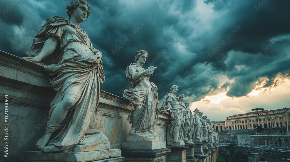 A stunning view of fragmented Roman sculptures, their fine craftsmanship preserved in weathered marble, displayed under dramatic, stormy skies A stunning view of fragmented Roman sculptures, their fine craftsmanship preserved in weathered marble, displayed under dramatic, stormy skies