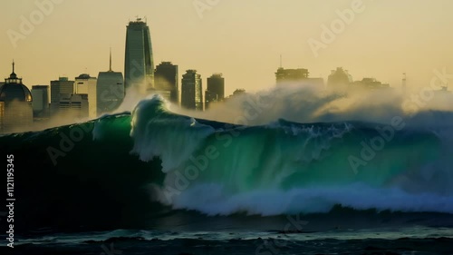 City skyline at sunset with ocean waves in the foreground.
