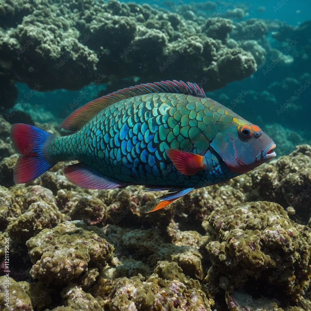 A colorful parrotfish grazing on algae-covered rocks.