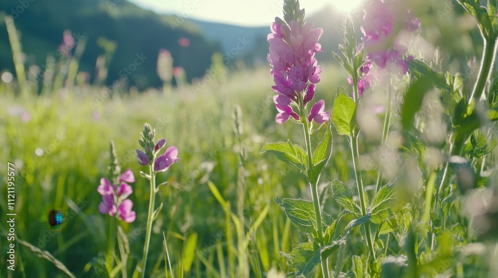 Obraz premium Beautiful wildflowers blooming in a sunny green meadow landscape