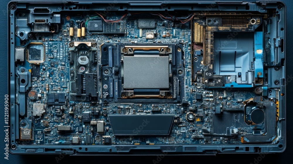 Close-up view of a laptop's internal circuit board showcasing electronic components and layout. Close-up view of a laptop's internal circuit board showcasing electronic components and layout.
