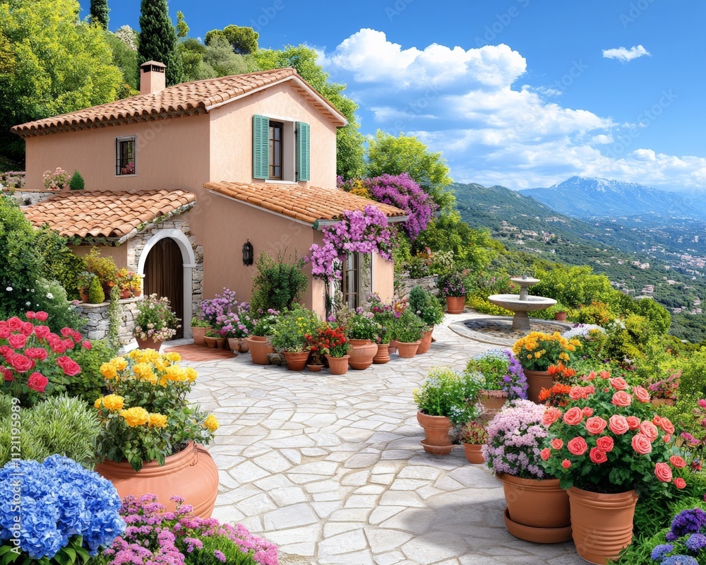 Fototapeta premium Mediterranean Villa Dream: A picturesque villa nestled on a hillside, surrounded by vibrant flowers and breathtaking mountain views. The idyllic setting evokes tranquility and escape.
