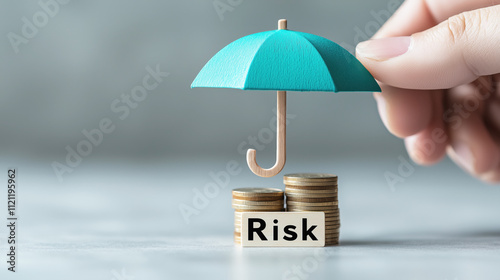 Wallpaper Mural A small teal umbrella held above stacks of coins labeled "Risk," symbolizing financial protection and risk management. Ideal for business or finance themes.   Torontodigital.ca