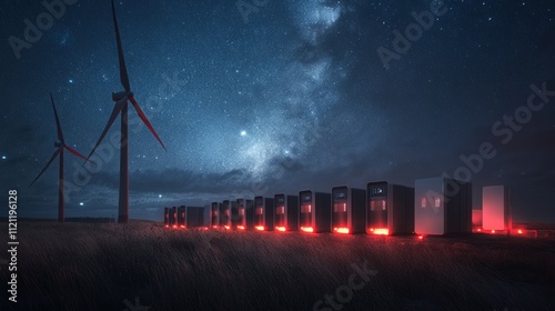Nighttime landscape featuring wind turbines and illuminated energy storage units under stars.