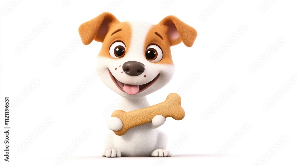 Playful cartoon dog holding a bone studio animated character white background cheerful mood fun concept for kids Playful cartoon dog holding a bone studio animated character white background cheerful mood fun concept for kids